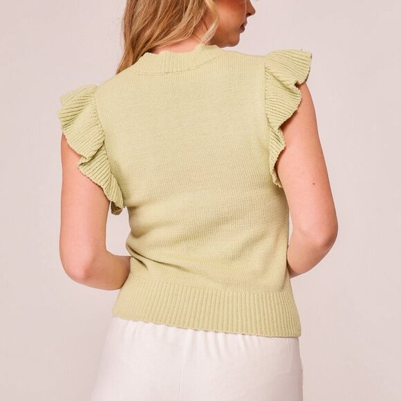 LUMIERE Ruffle Sleeve Knit Tank Top, Light Green Sage, Feminine Chic Sweater - Picture 4 of 5